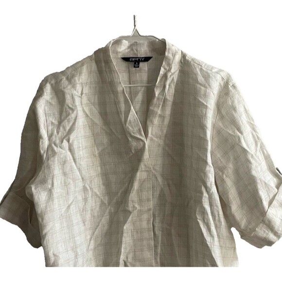APNY Ivory 100% Linen Short Sleeve Top Check L Womens Old Money Classic Preppy - Picture 2 of 9